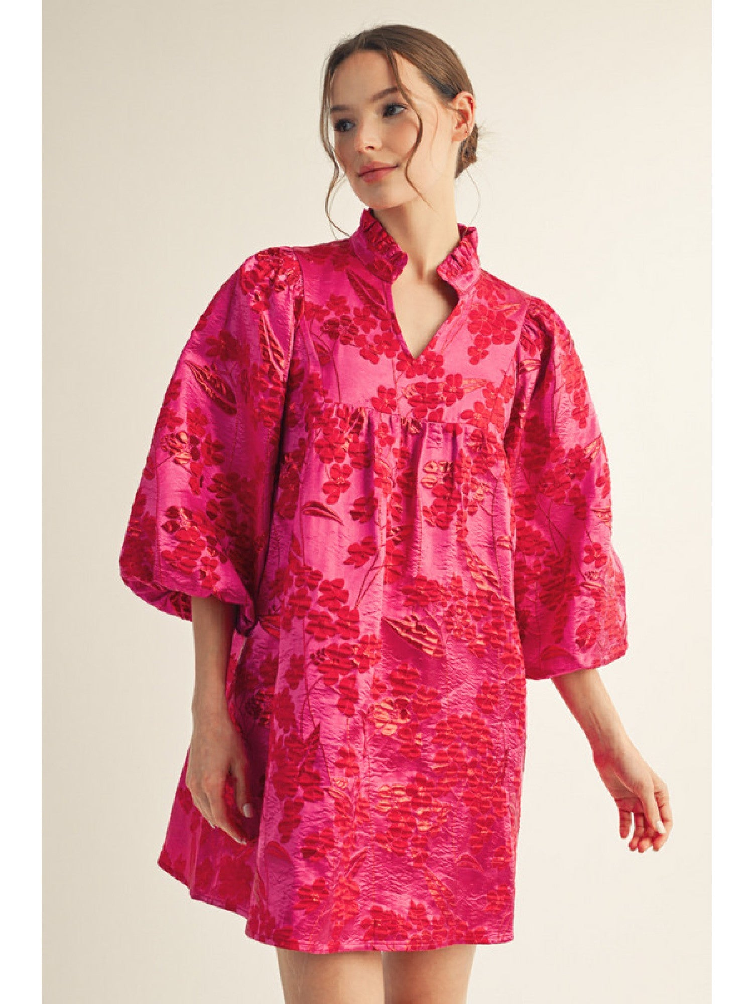3/4 Puff Sleeve Floral Jacquard Dress – Hot Pink - Juli's Wearable Art