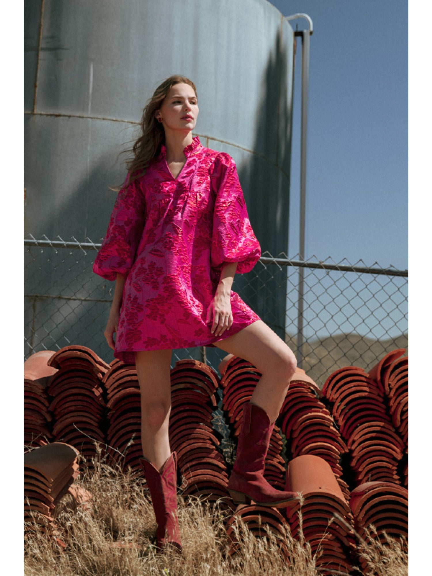 3/4 Puff Sleeve Floral Jacquard Dress – Hot Pink - Juli's Wearable Art