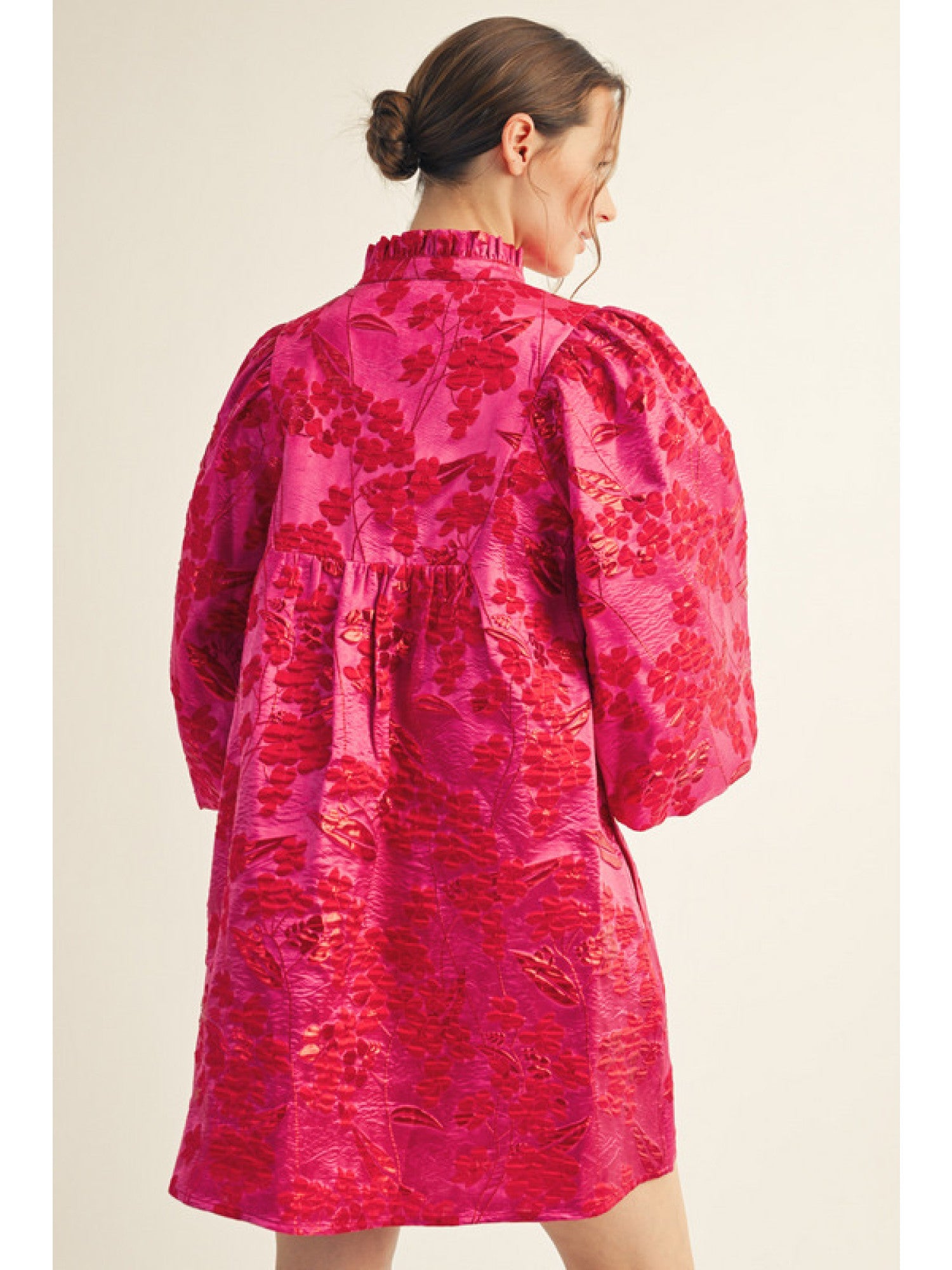 3/4 Puff Sleeve Floral Jacquard Dress – Hot Pink - Juli's Wearable Art