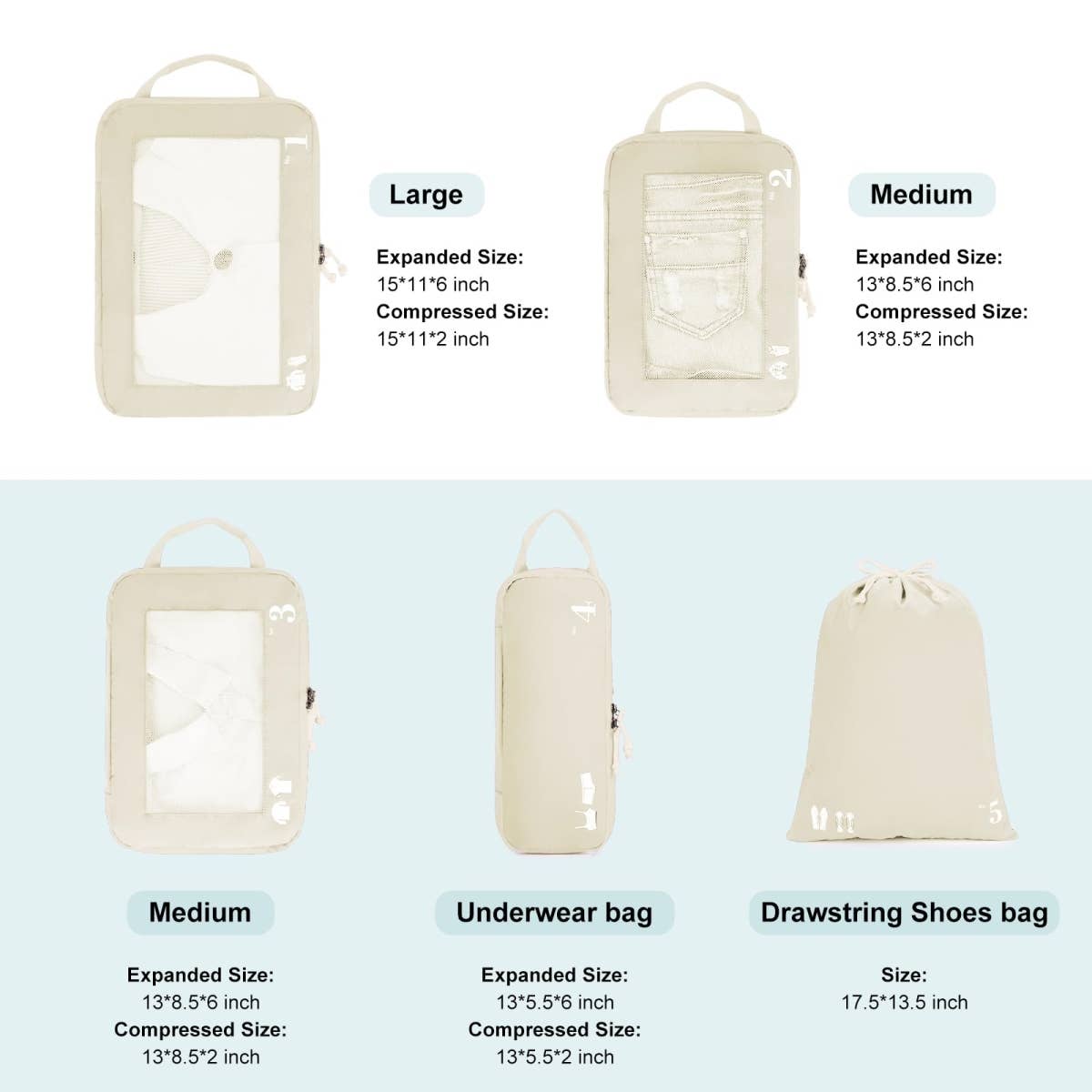 5 - Piece Compression Packing Cube Set – Beige Eco Travel Organizers - Juli's Wearable Art