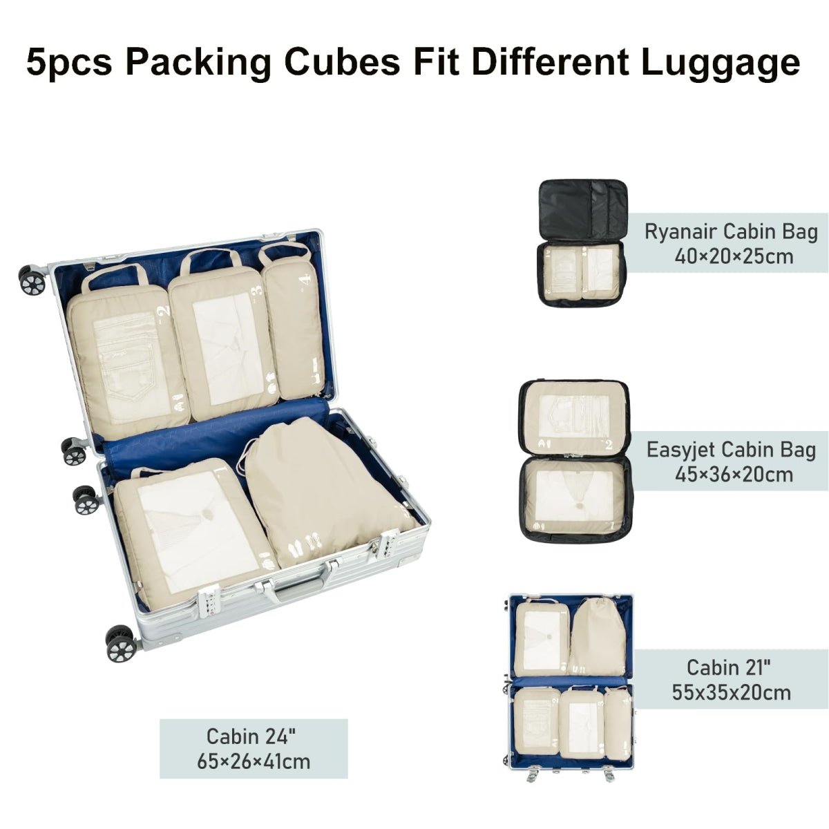 5 - Piece Compression Packing Cube Set – Beige Eco Travel Organizers - Juli's Wearable Art