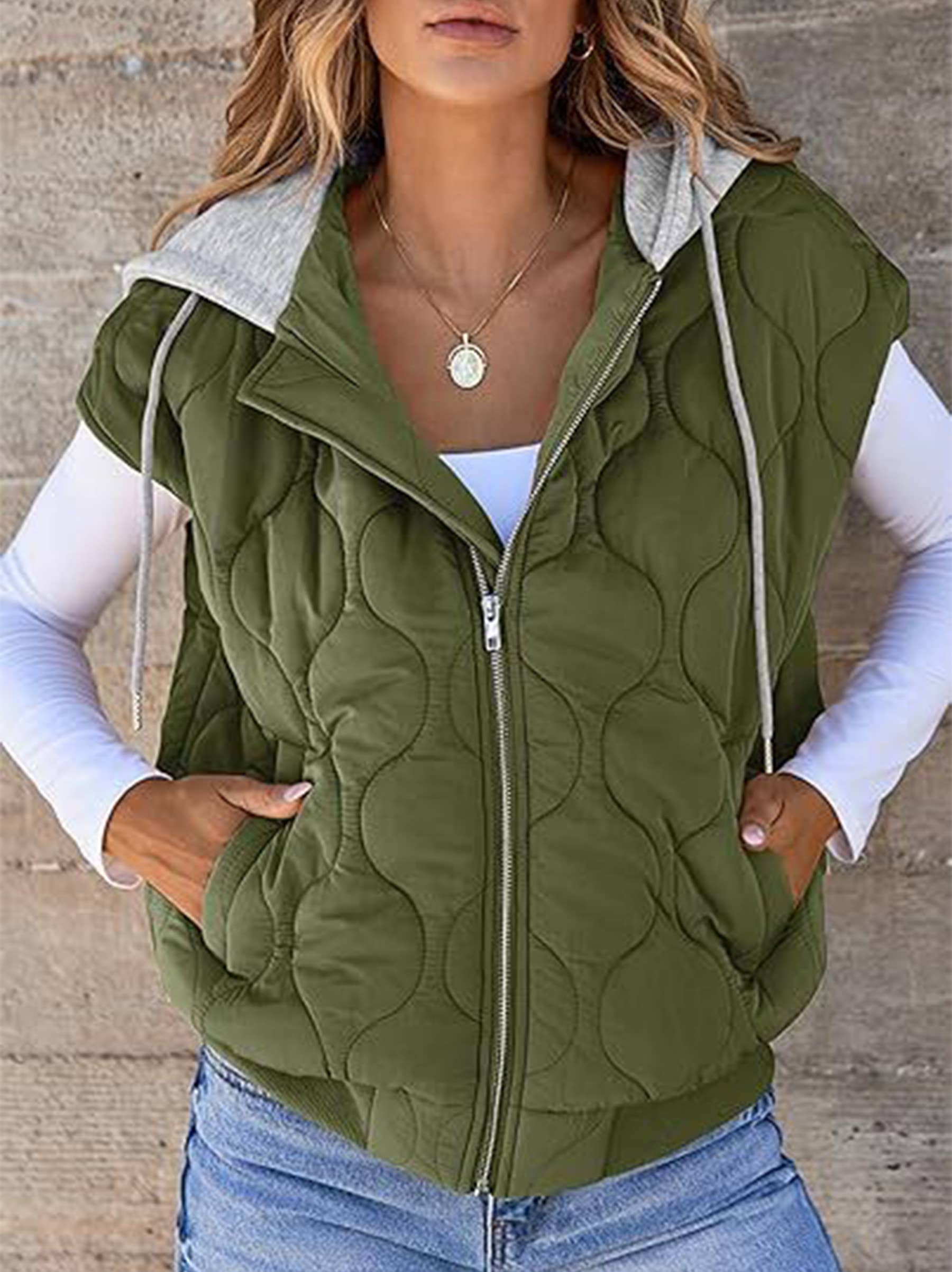 Green Color Block Sleeveless Hooded Jacket