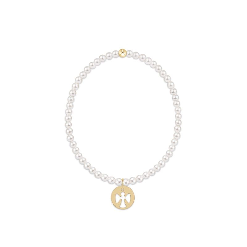 Pearl bracelet with a gold charm on a white background