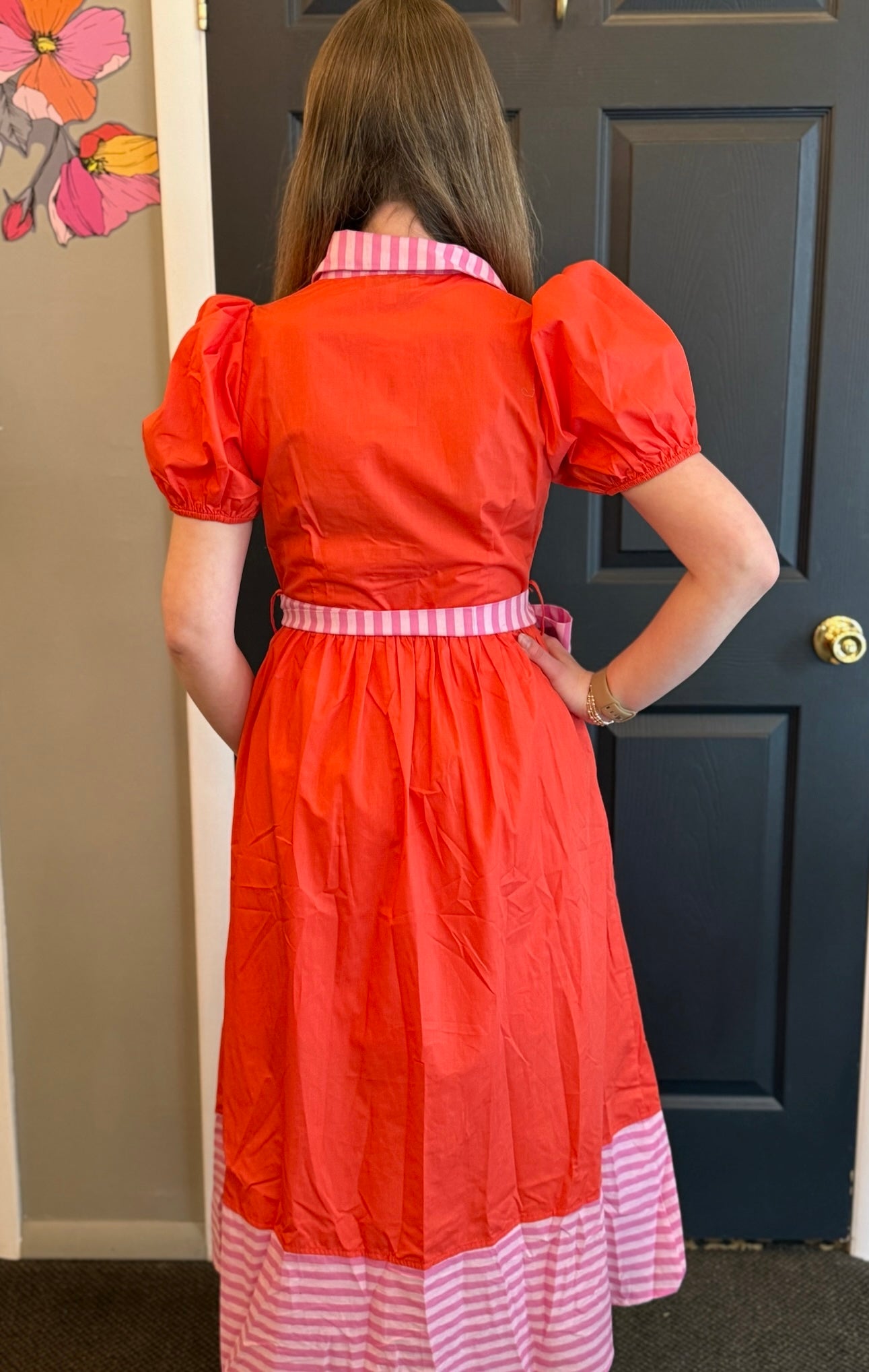 Sweet Red Dress with Pink Stripes and Bow