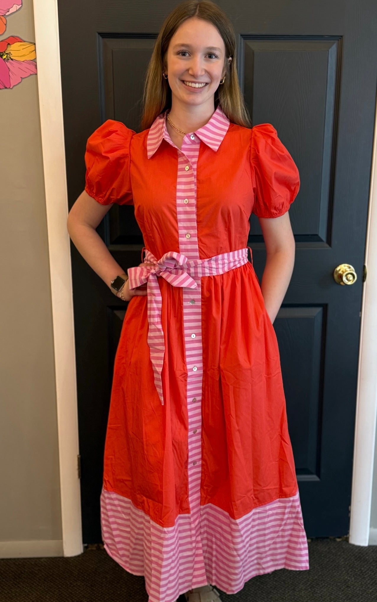 Sweet Red Dress with Pink Stripes and Bow