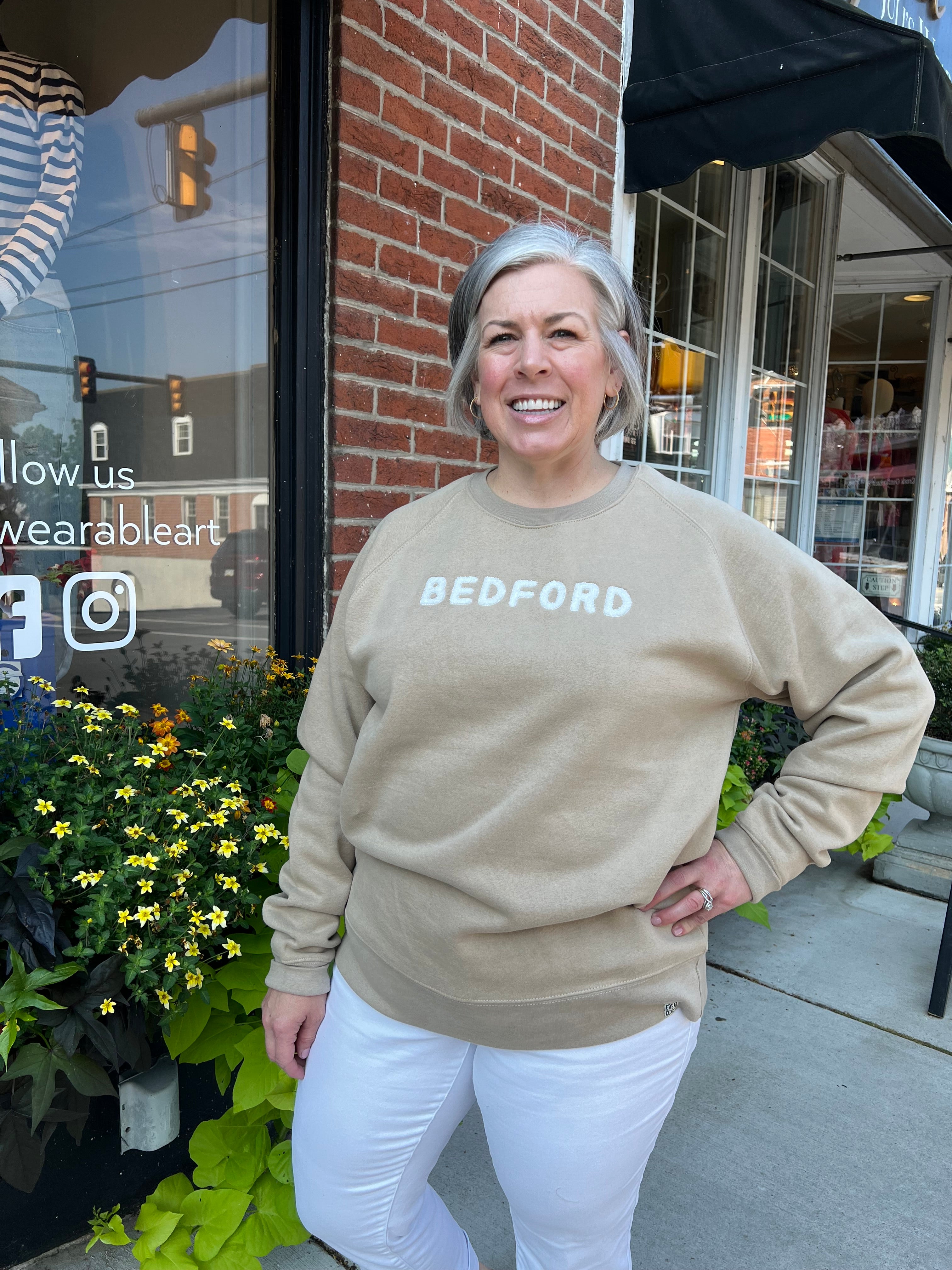 Bedford Unisex Crewneck Sweatshirt – Campfire Smoke with Chenille Letters