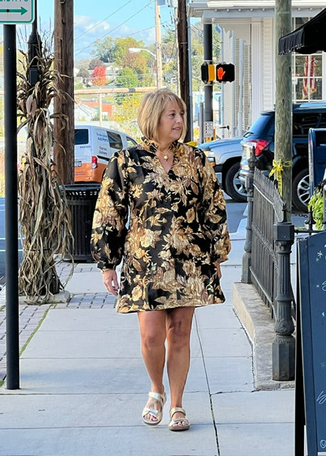 The Sienna Dress – Black, Brown, and Gold Jacquard Floral