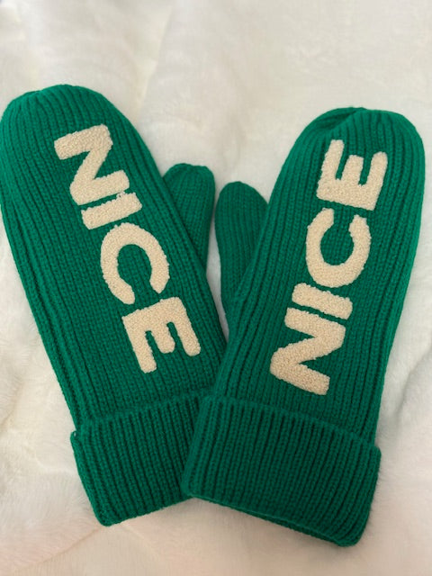 Green Knit Mittens – “NICE” Design
