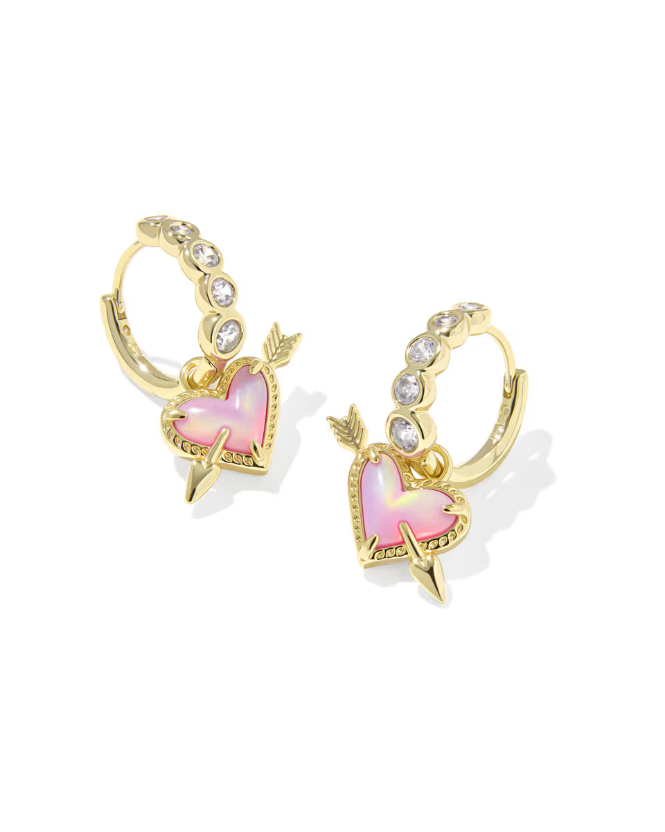 Kendra Scott Ari Heart Arrow Gold Convertible Huggie Earrings- Pink Opalescent