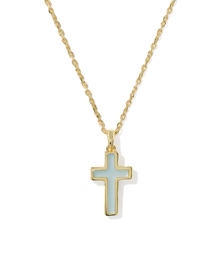 Kendra Scott Cross Gold Pendant Necklace | Matte Light Blue Dichroic Glass