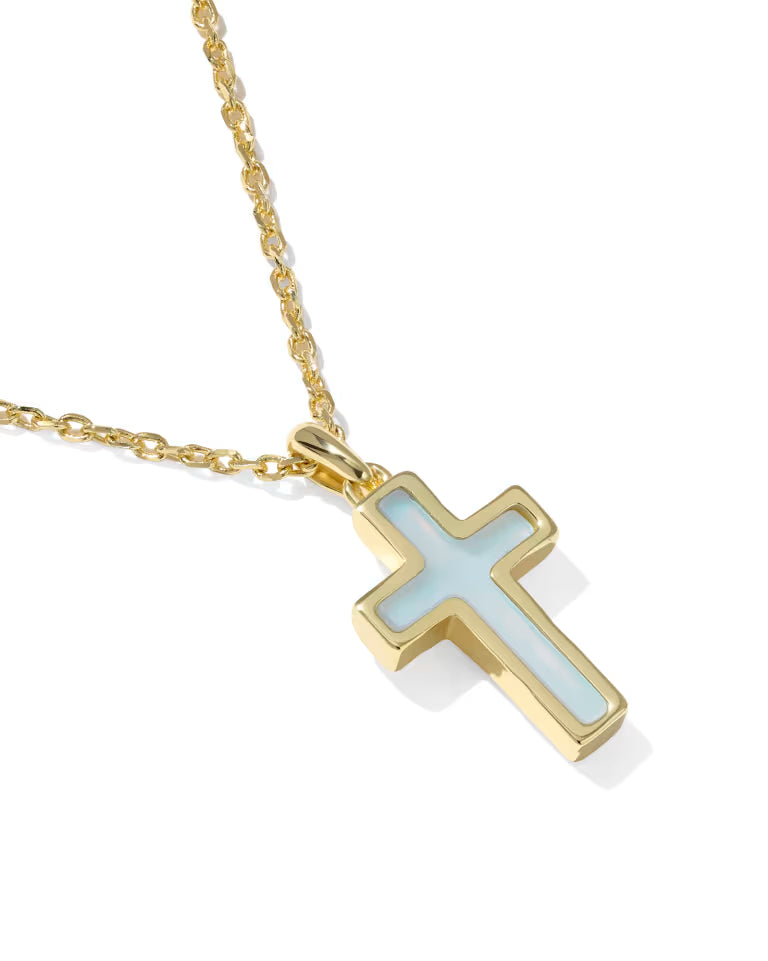 Kendra Scott Cross Gold Pendant Necklace | Matte Light Blue Dichroic Glass