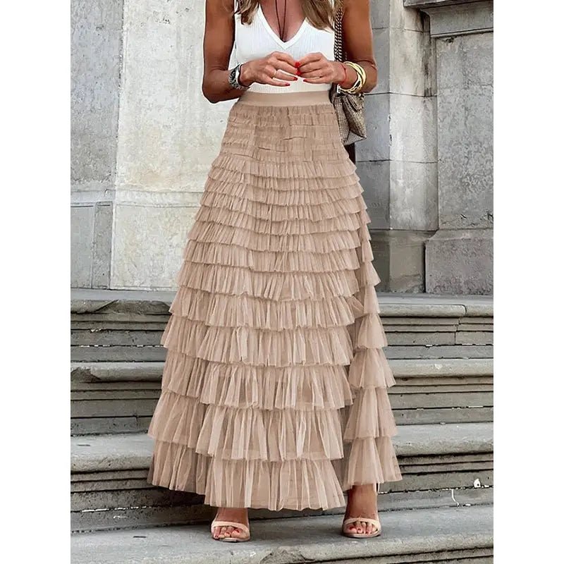 A - Line High Waisted Tulle Maxi Flare Skirt - Khaki - Juli's Wearable Art