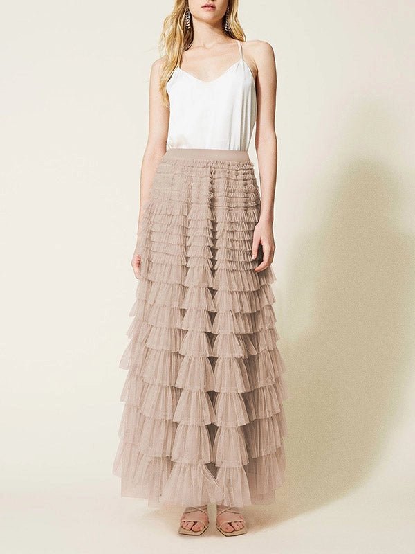 A - Line High Waisted Tulle Maxi Flare Skirt - Khaki - Juli's Wearable Art