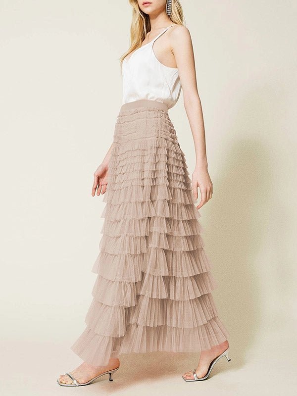 A - Line High Waisted Tulle Maxi Flare Skirt - Khaki - Juli's Wearable Art