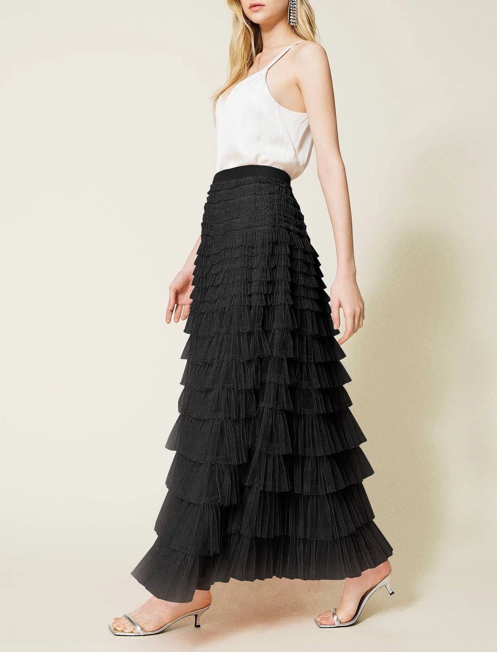 A - Line Tulle Maxi Flare Skirt ,Black - Juli's Wearable Art