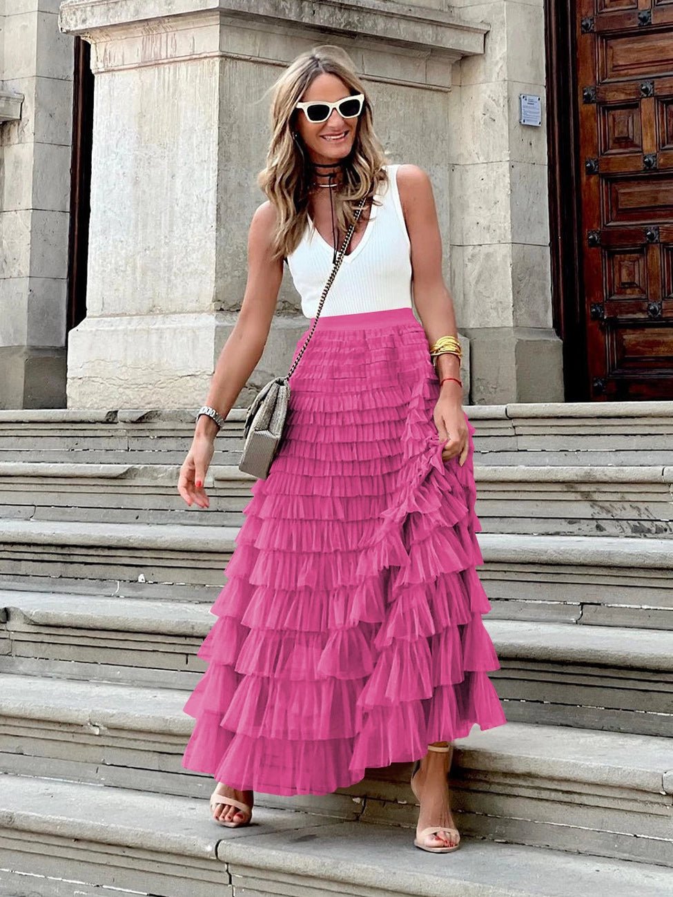 A - Line Tulle Maxi Flare Skirt ,Hot Pink - Juli's Wearable Art
