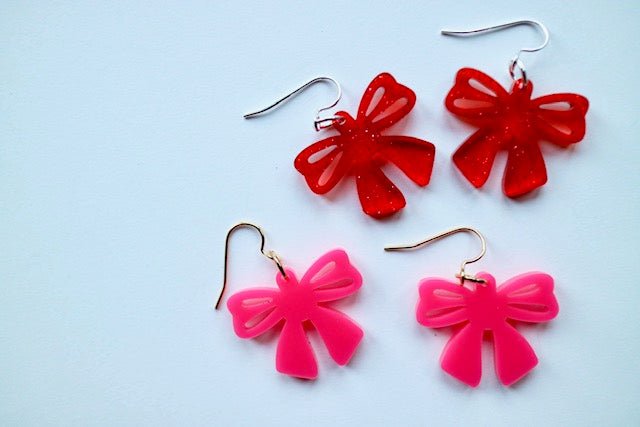 Acrylic Bow Earrings – Red or Pink - Juli's Wearable Art