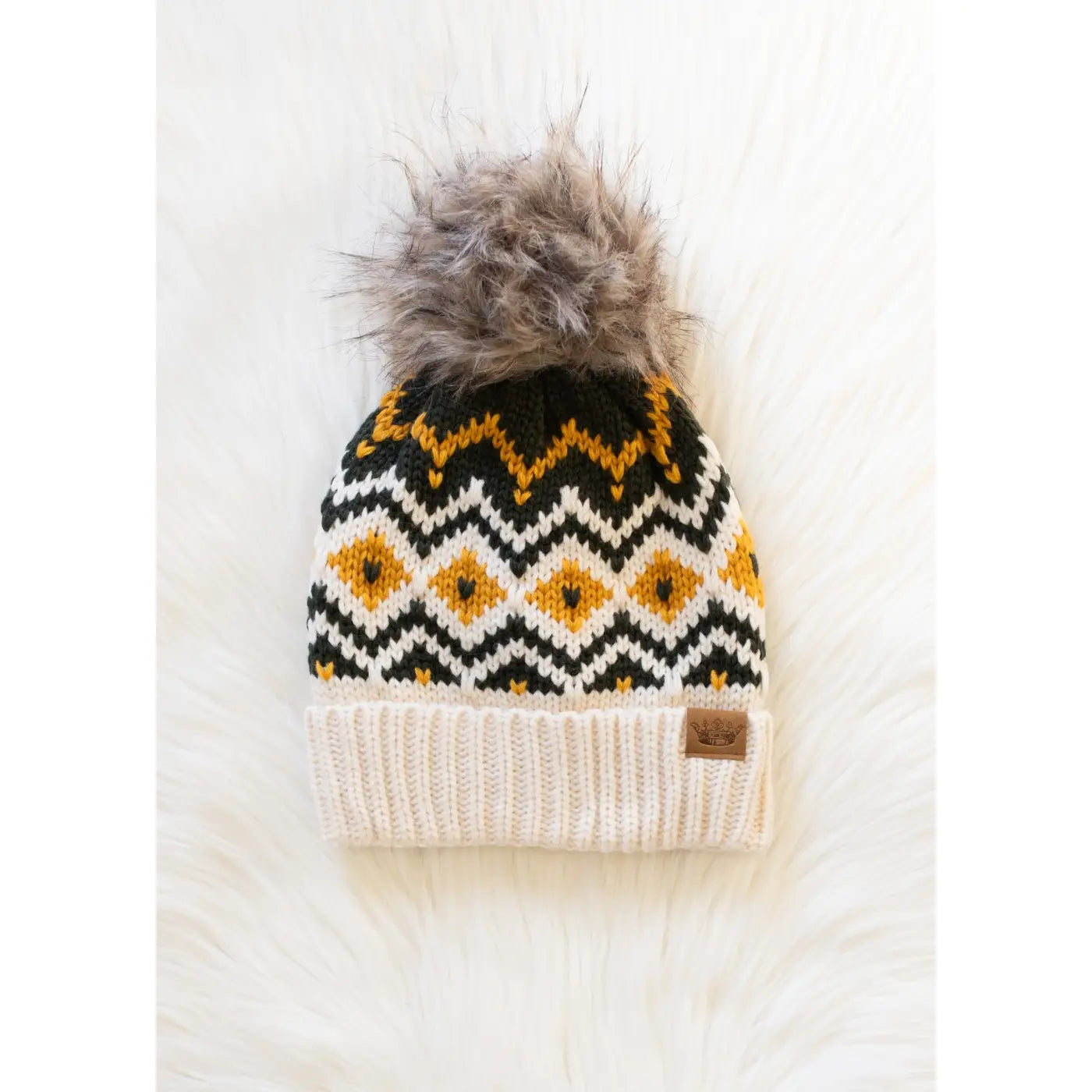 Cream, Olive & Mustard Patterned Pom Hat
