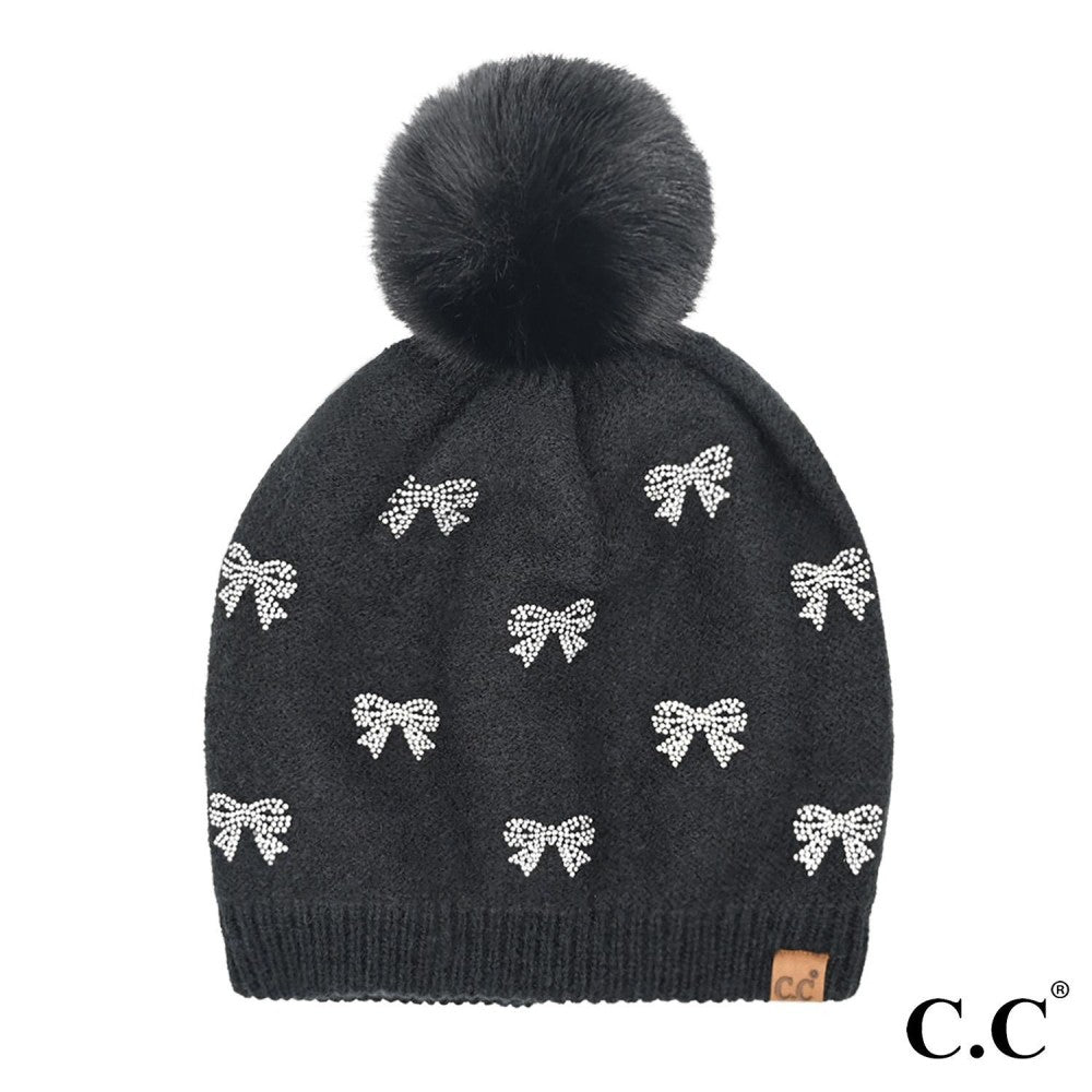 Allover Rhinestone Mini Bow Pom Beanie - Black - Juli's Wearable Art