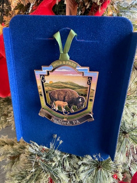 Bedford, PA “Bison with Calf” Ornament – Handcrafted Brass Christmas Ornament - Juli's Wearable Art