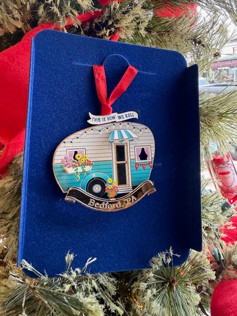 Bedford, PA “How We Roll” Camper Ornament – Handcrafted Brass Christmas Ornament - Juli's Wearable Art