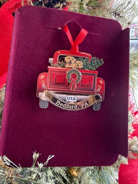 Bedford, PA “Red Pickup with Tree & Dogs” Ornament – Handcrafted Brass Christmas Ornament - Juli's Wearable Art
