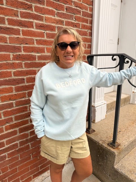 Bedford Unisex Crewneck Sweatshirt – Coastal Blue with Chenille Letters - Juli's Wearable Art