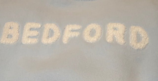 Bedford Unisex Crewneck Sweatshirt – Coastal Blue with Chenille Letters - Juli's Wearable Art