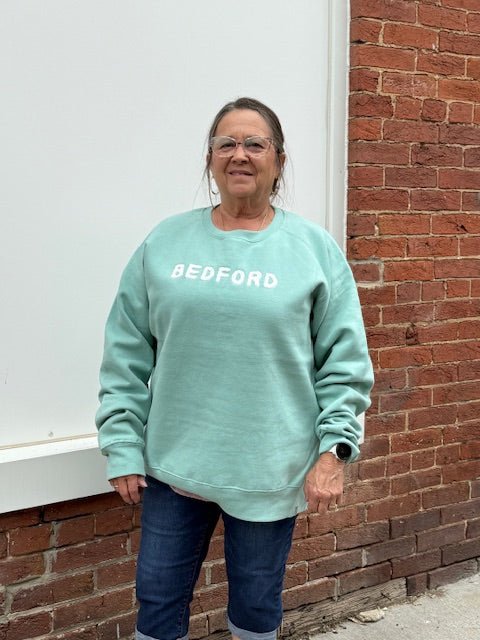 Bedford Unisex Crewneck Sweatshirt – Cool Teal with Chenille Letters - Juli's Wearable Art