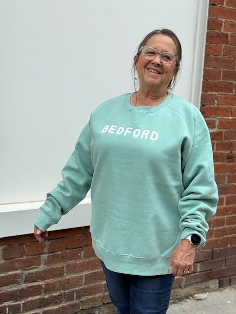Bedford Unisex Crewneck Sweatshirt – Cool Teal with Chenille Letters - Juli's Wearable Art