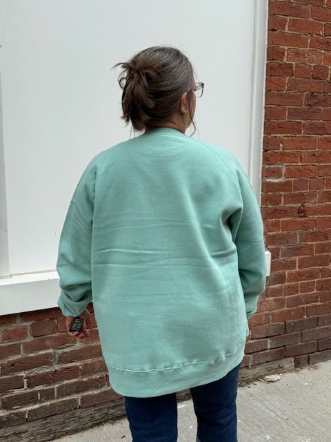 Bedford Unisex Crewneck Sweatshirt – Cool Teal with Chenille Letters - Juli's Wearable Art