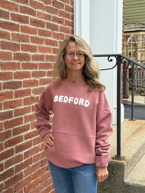 Bedford Unisex Crewneck Sweatshirt – Dusty Rose with Chenille Letters - Juli's Wearable Art