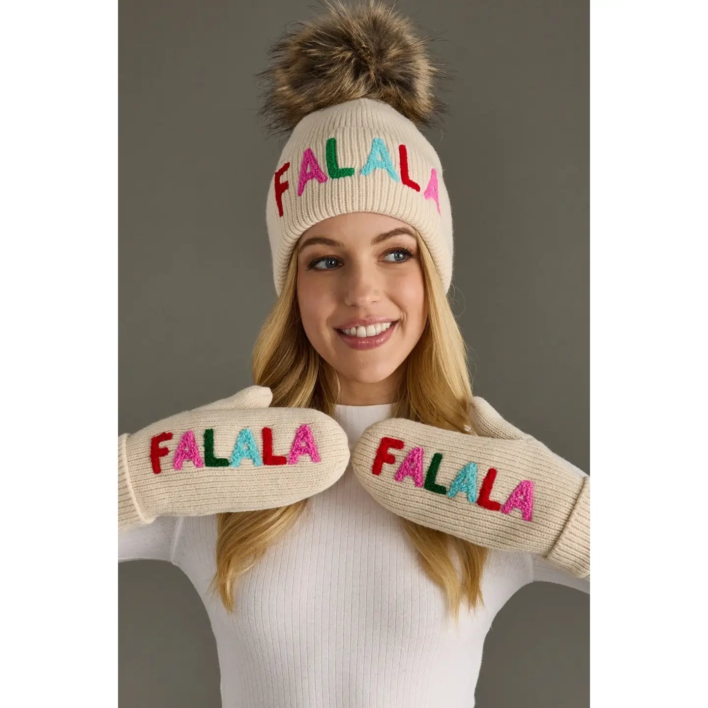 Beige "Fa La La" Knit Pom Hat - Juli's Wearable Art