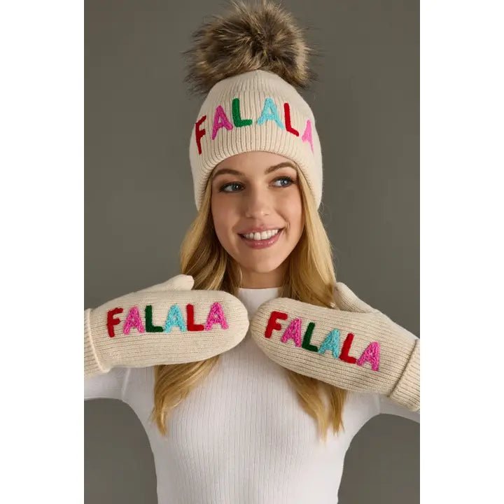 Beige Knit Mittens – “FA LA LA” Design - Juli's Wearable Art