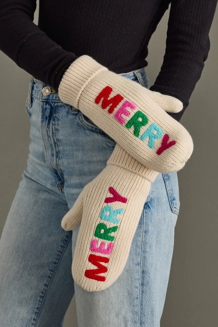 Beige Knit Mittens – “MERRY” Design - Juli's Wearable Art