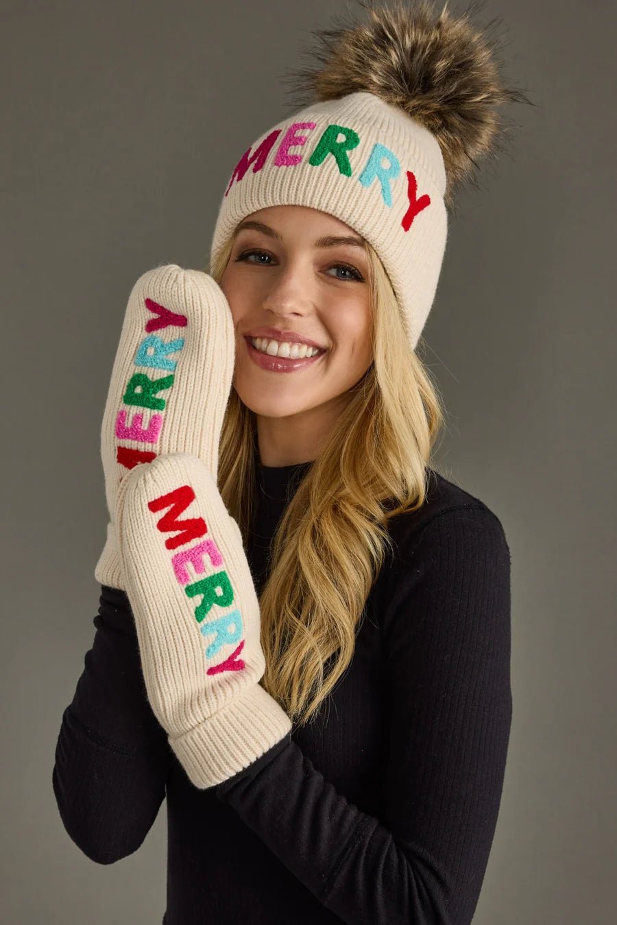 Beige Knit Mittens – “MERRY” Design - Juli's Wearable Art