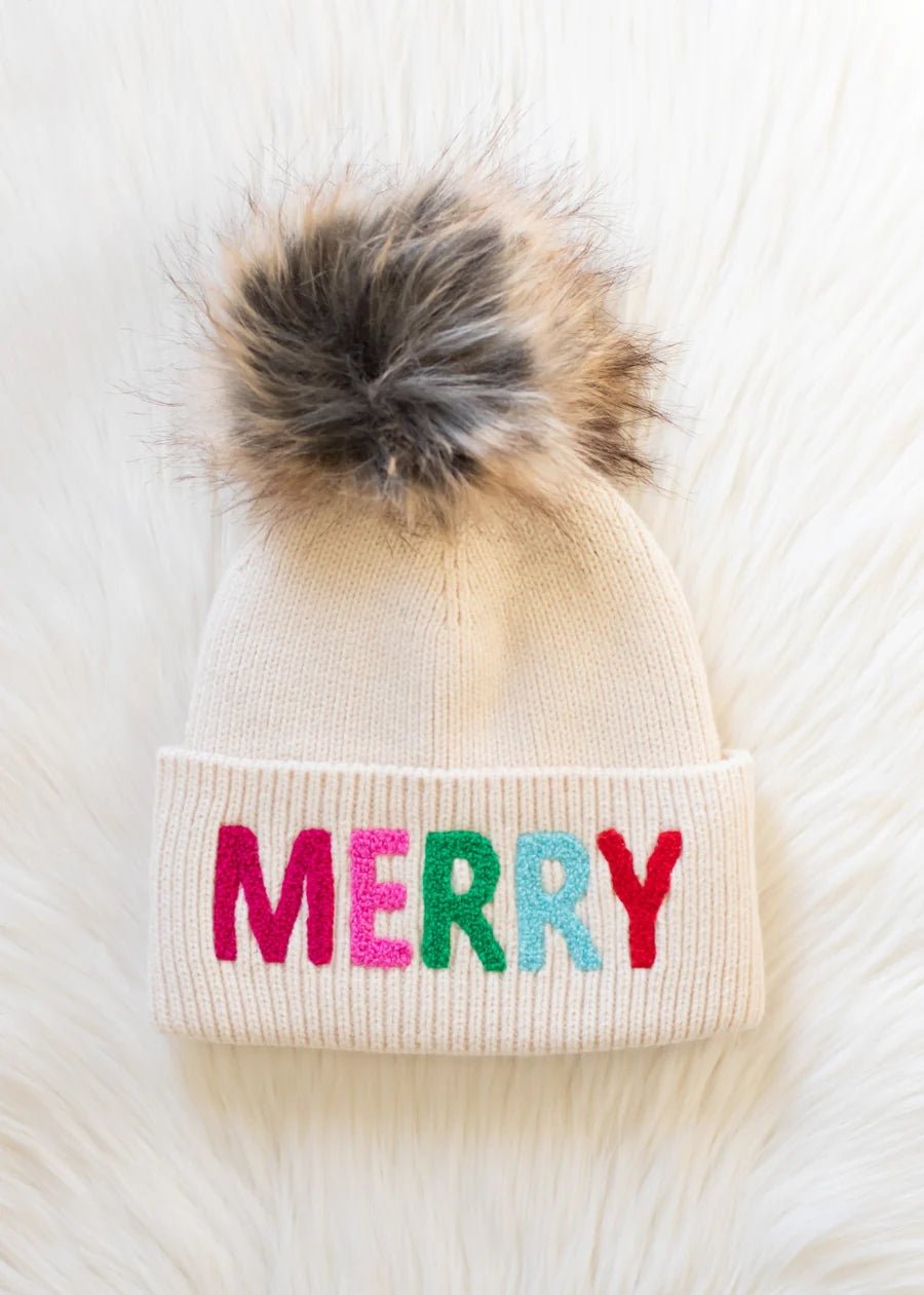 Beige Knit Pom Hat – “MERRY” Cuff Design - Juli's Wearable Art