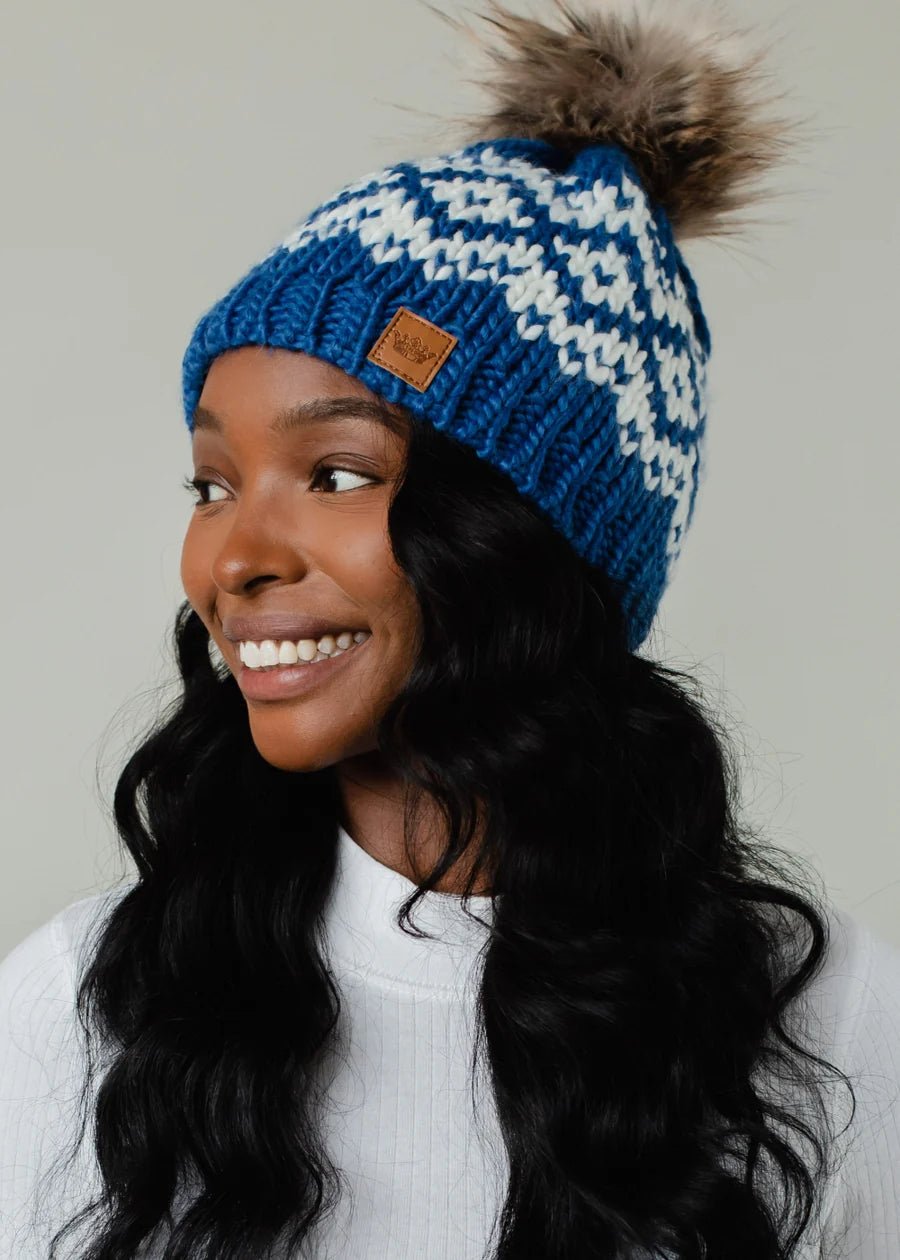 Blue & White Patterned Knit Pom Hat with Faux Fur Accent - Juli's Wearable Art