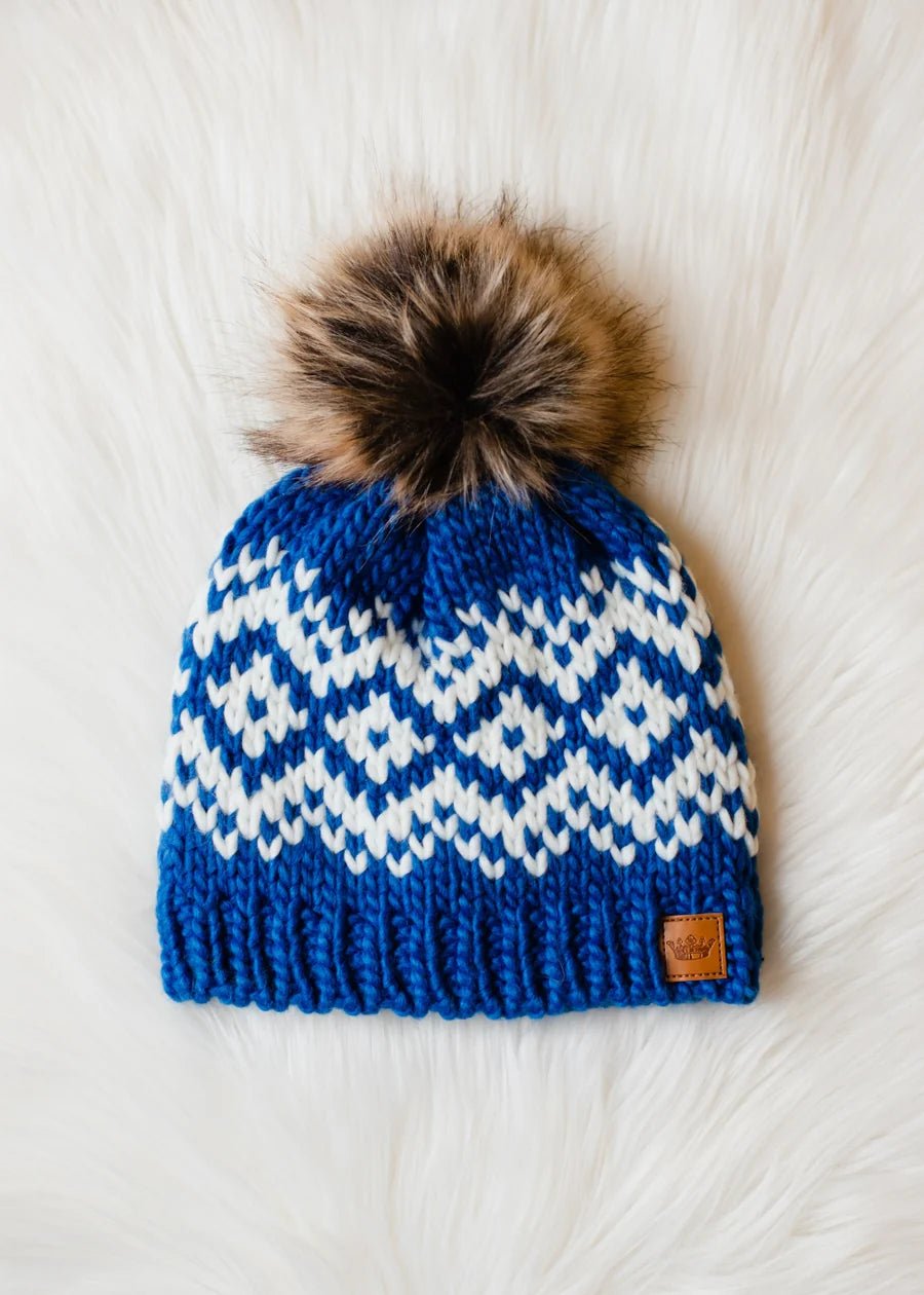 Blue & White Patterned Knit Pom Hat with Faux Fur Accent - Juli's Wearable Art