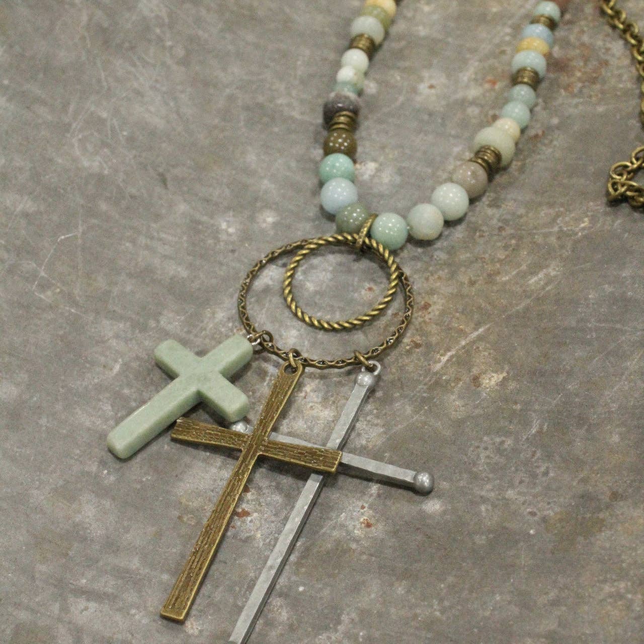 Bohemian Cross & Mixed Mint Stone Necklace - Juli's Wearable Art
