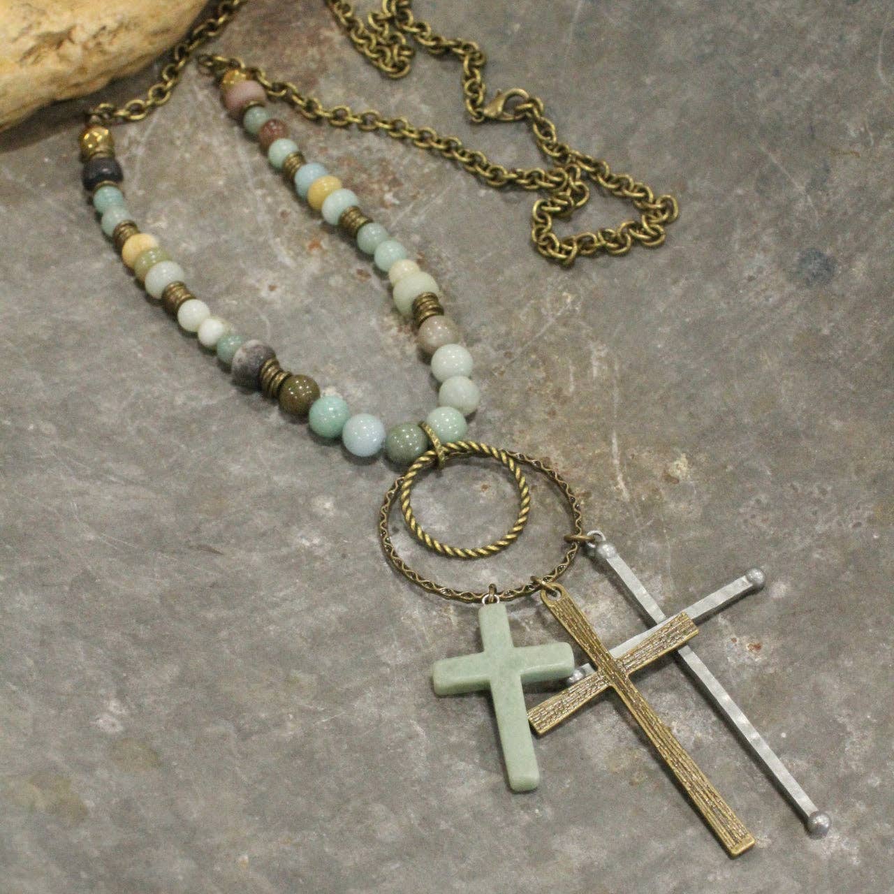 Bohemian Cross & Mixed Mint Stone Necklace - Juli's Wearable Art
