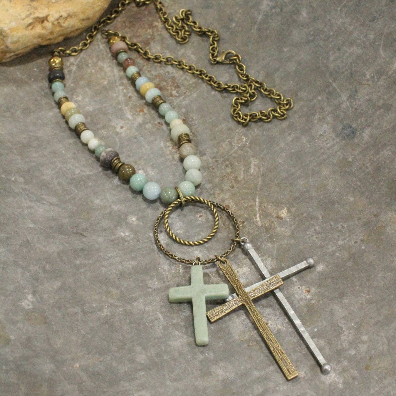 Bohemian Cross & Mixed Mint Stone Necklace - Juli's Wearable Art