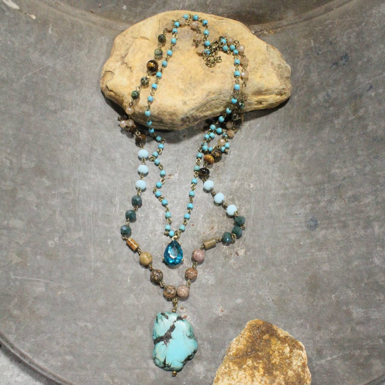 Bohemian Crystal & Turquoise Stone Drop Layered Necklace - Juli's Wearable Art