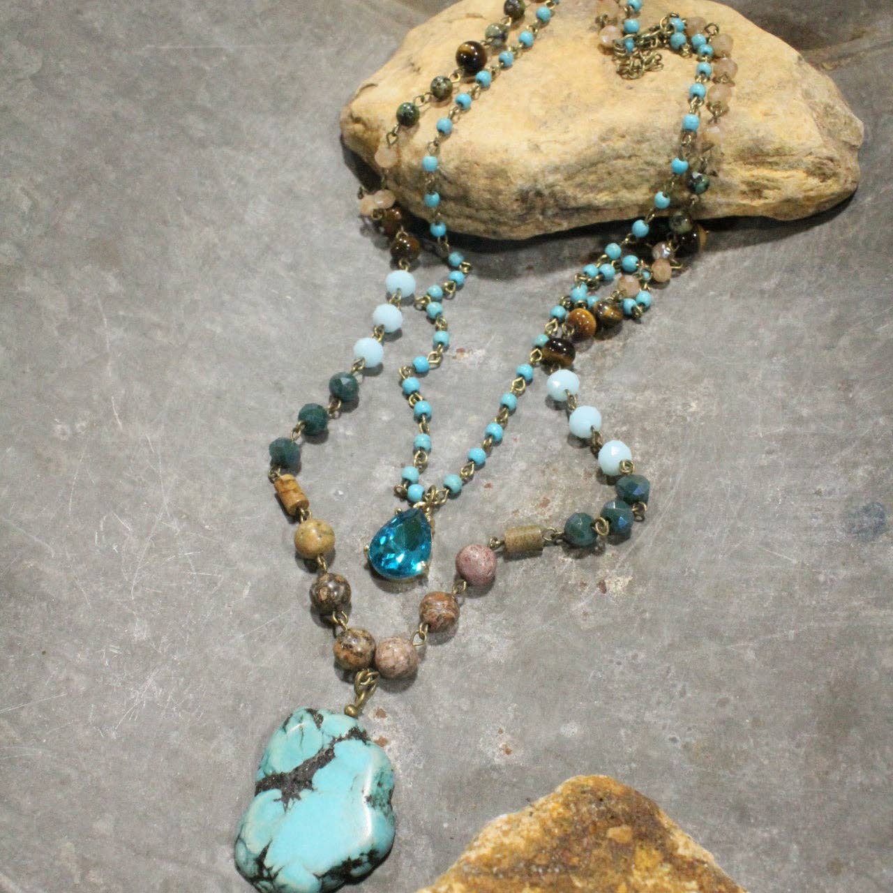 Bohemian Crystal & Turquoise Stone Drop Layered Necklace - Juli's Wearable Art