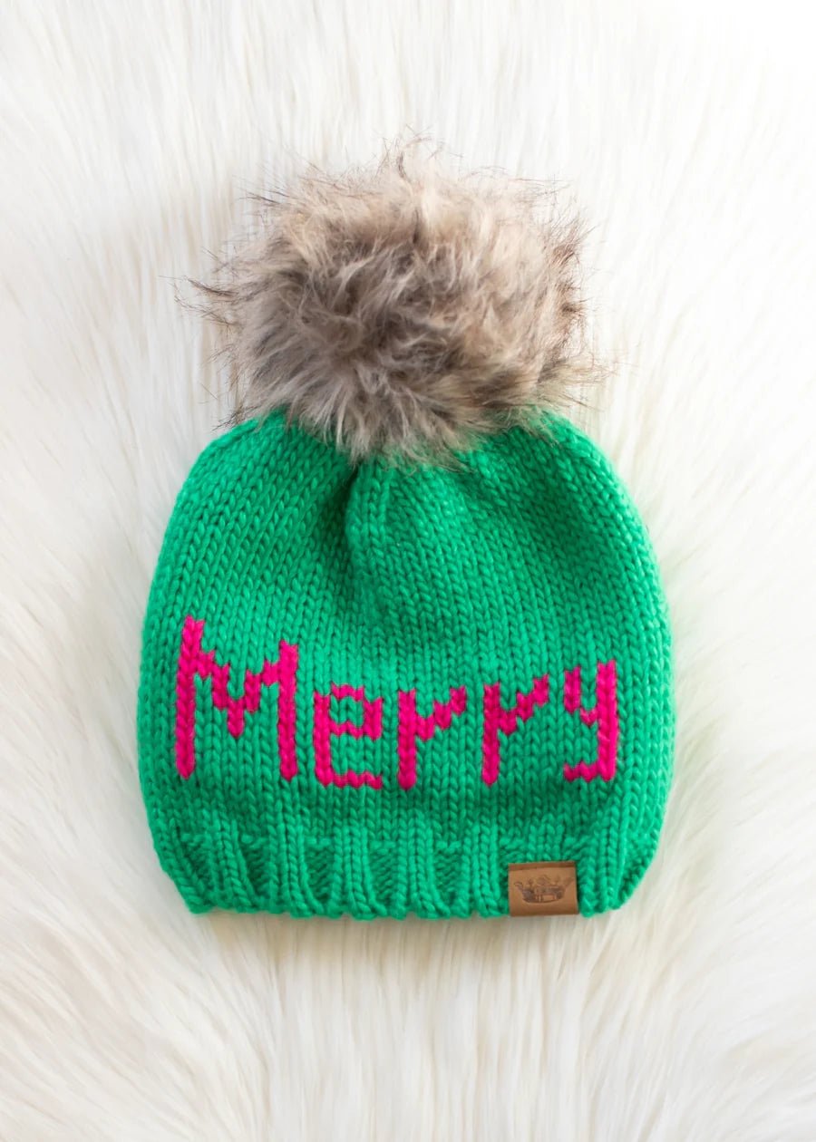 Bright Green Knit Pom Hat – “Merry” Design - Juli's Wearable Art
