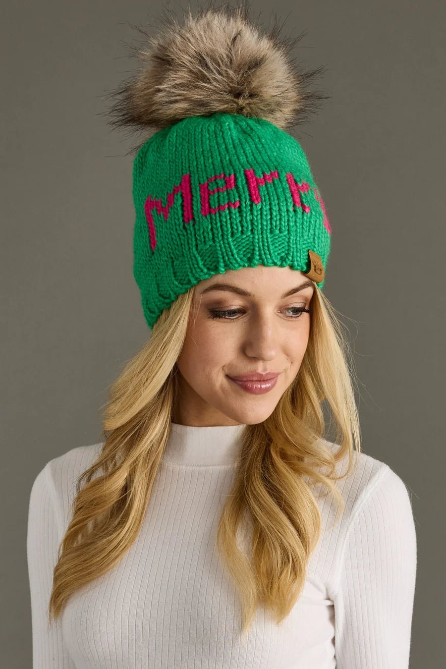 Bright Green Knit Pom Hat – “Merry” Design - Juli's Wearable Art