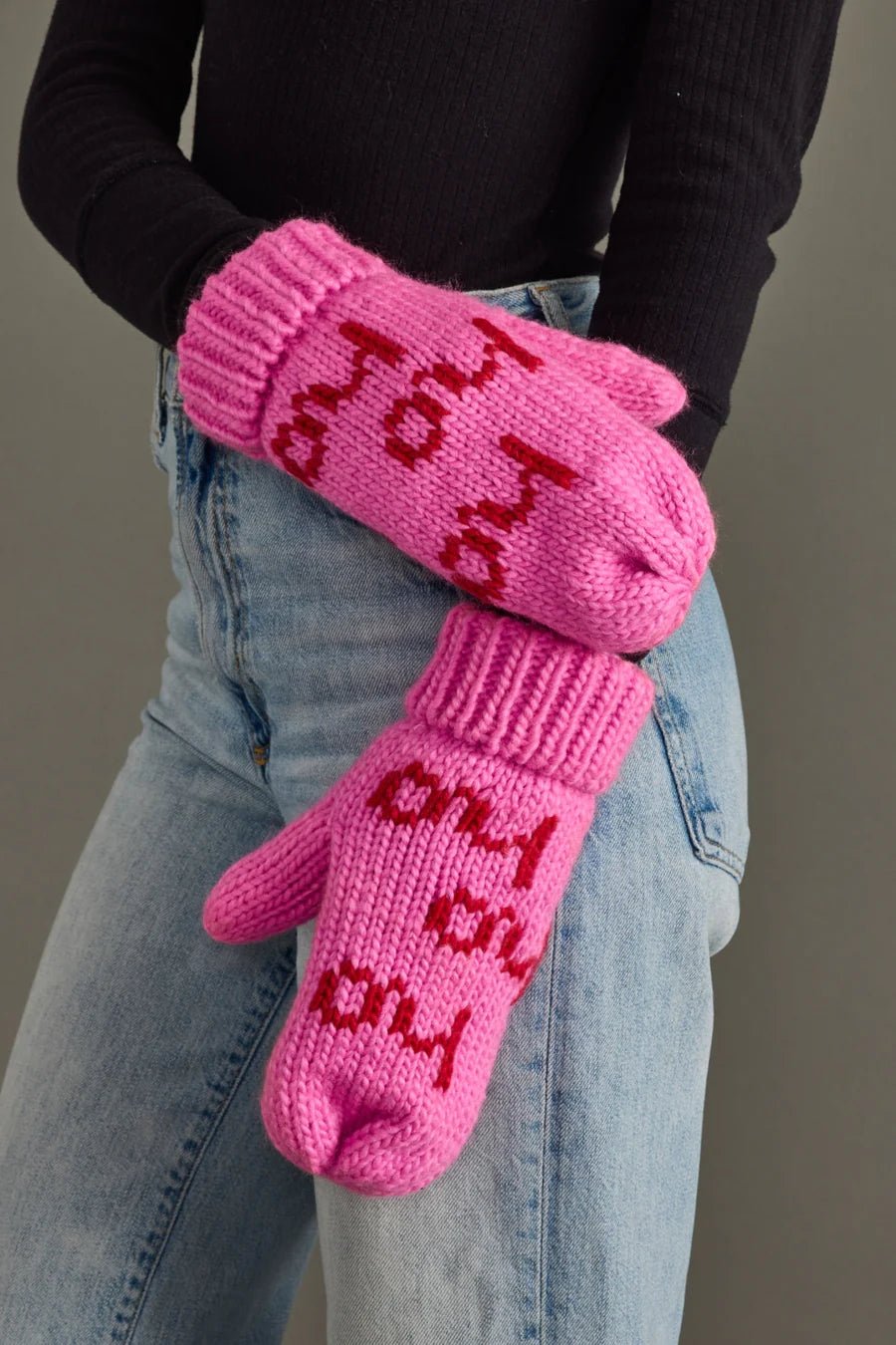 Bright Pink Knit Mittens – “Ho Ho Ho” Design - Juli's Wearable Art