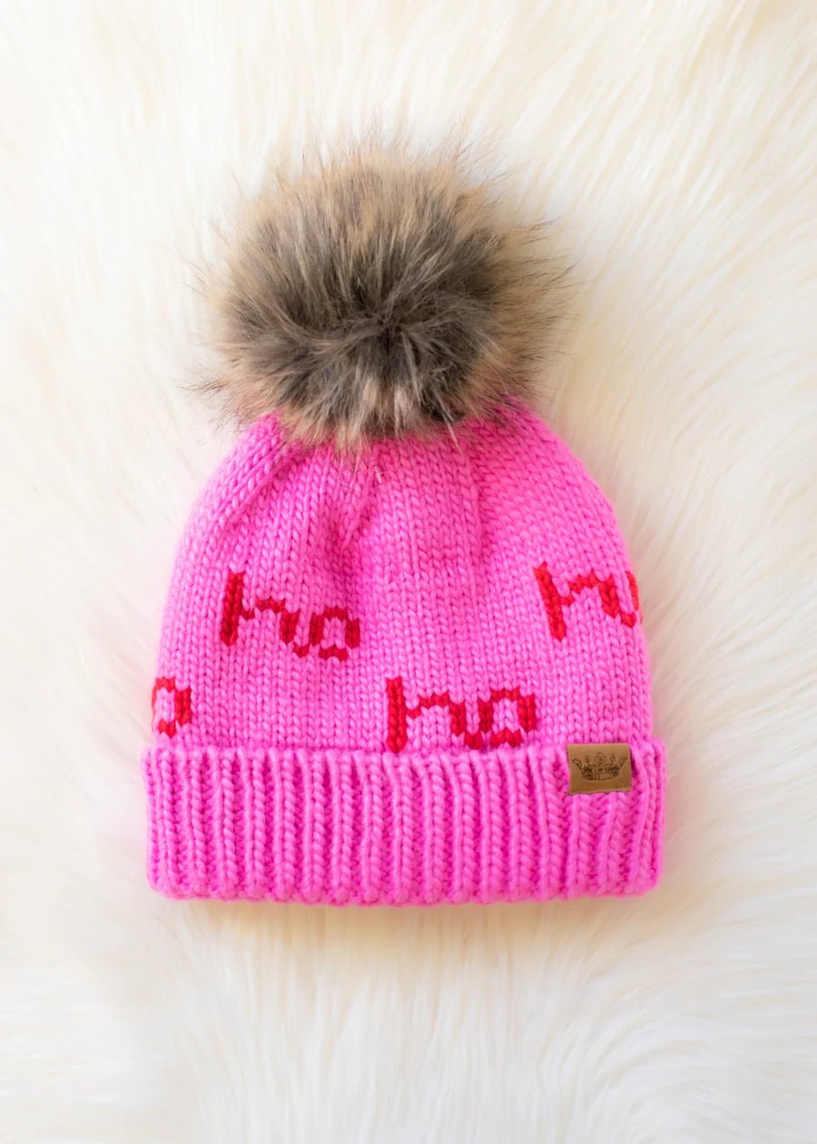 Bright Pink Knit Pom Hat – “Ho Ho Ho” Design - Juli's Wearable Art