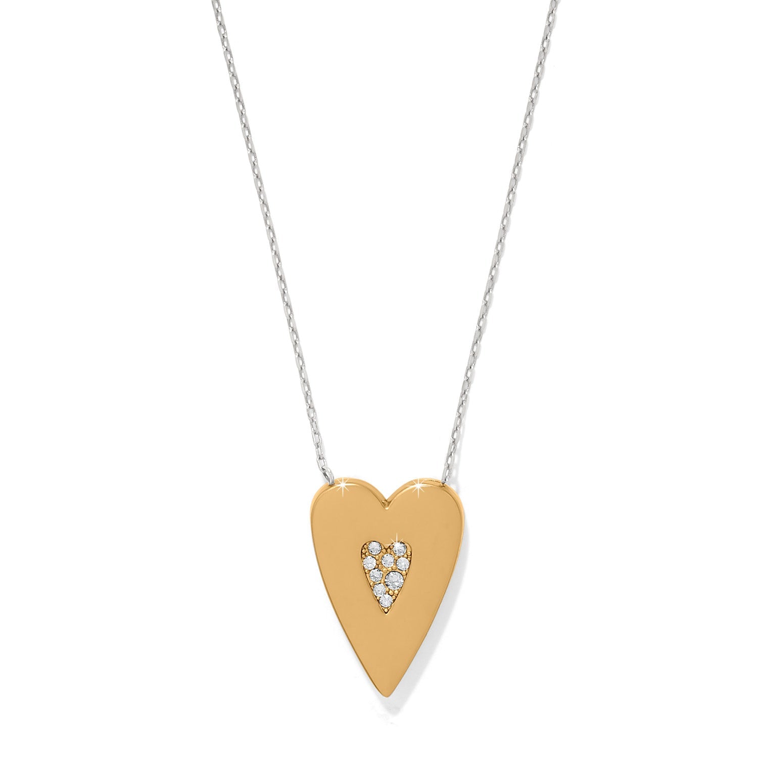 Brighton Love Knows Reversible Necklace in silver-gold with elongated heart pendant, colorful crystals, and reversible message design