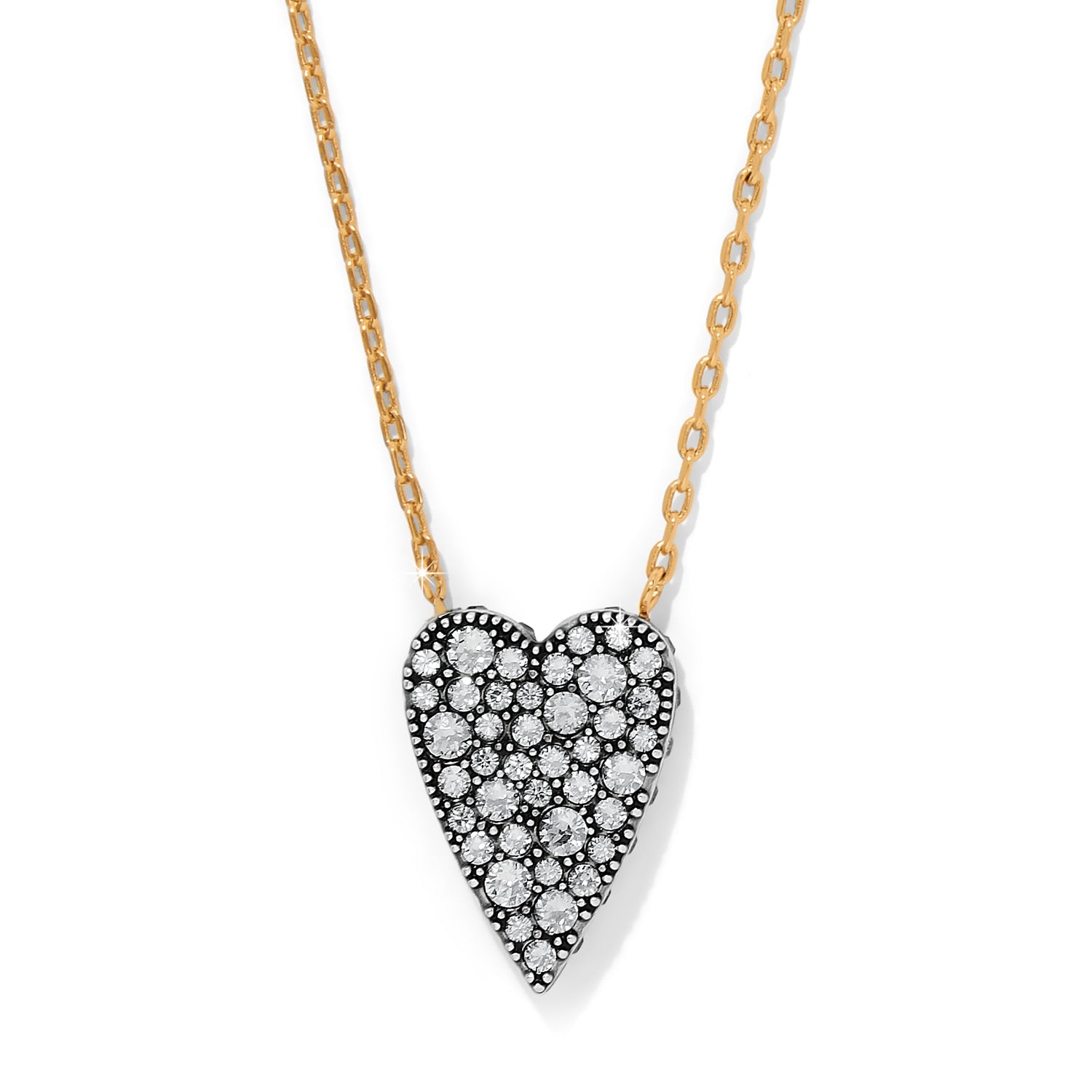 Brighton Love Knows Reversible Necklace in silver-gold with elongated heart pendant, colorful crystals, and reversible message design